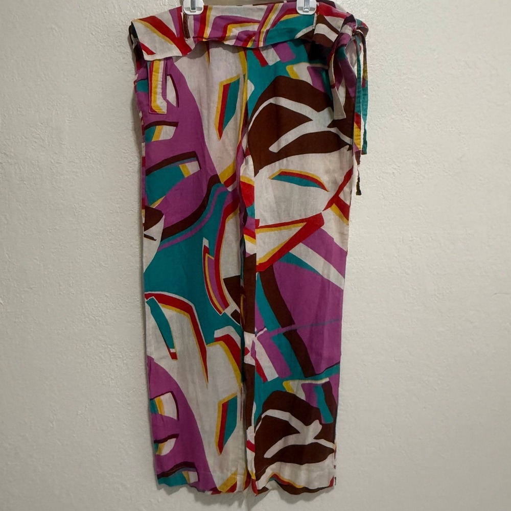 Rouge Brazil Abstract‎ Geometric Print Linen Pants Multi-Color Size P Drawstring